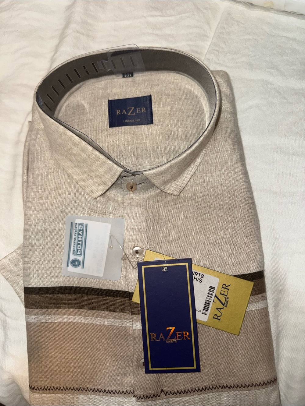 Razer Men’s Beige and Brown Linen Blend Button-Down Shirt